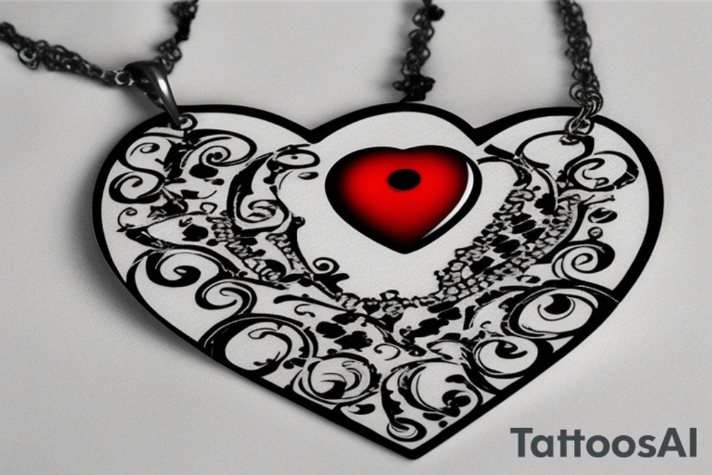 Realistic red ornamental jewel is the shape of a heart. With black and grey lace necklace tattoo idea
