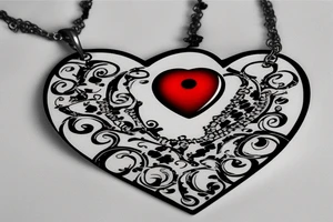 Realistic red ornamental jewel is the shape of a heart. With black and grey lace necklace tattoo idea