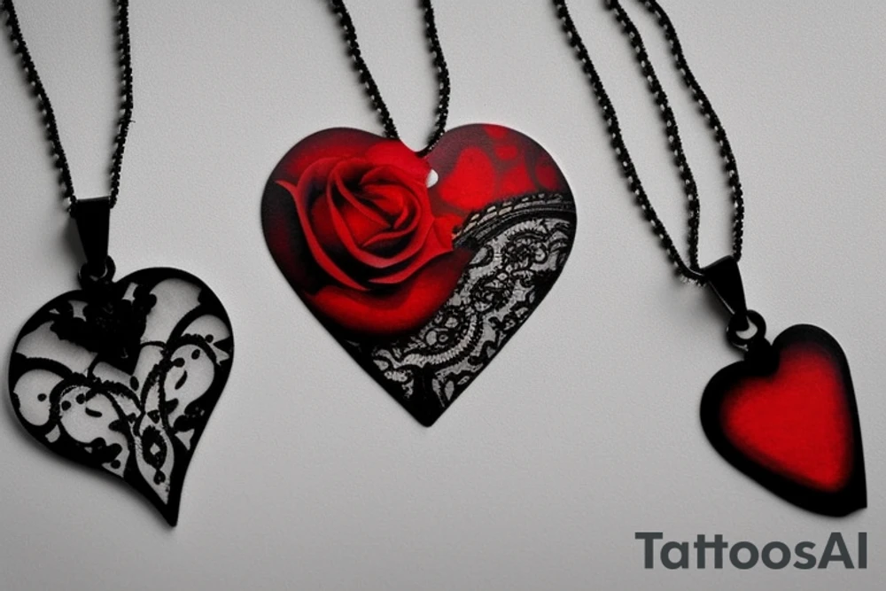 Realistic red ornamental jewel is the shape of a heart. With black and grey lace necklace tattoo idea