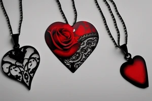 Realistic red ornamental jewel is the shape of a heart. With black and grey lace necklace tattoo idea
