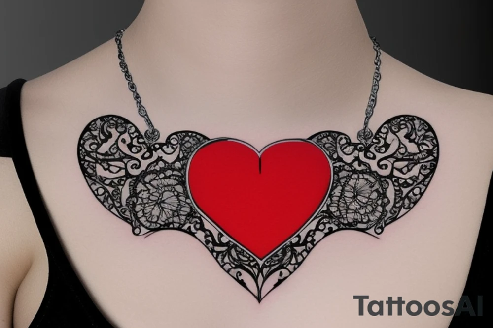 Realistic red ornamental jewel is the shape of a heart. With black and grey lace necklace tattoo idea