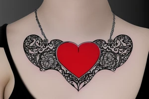Realistic red ornamental jewel is the shape of a heart. With black and grey lace necklace tattoo idea