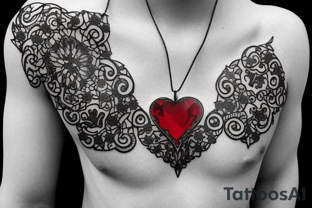 Realistic red ornamental jewel is the shape of a heart. With black and grey lace necklace tattoo idea