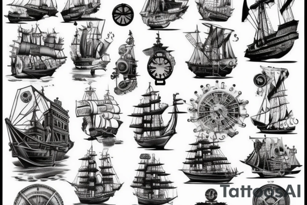 Traditional style of a steampunk ship tattoo idea