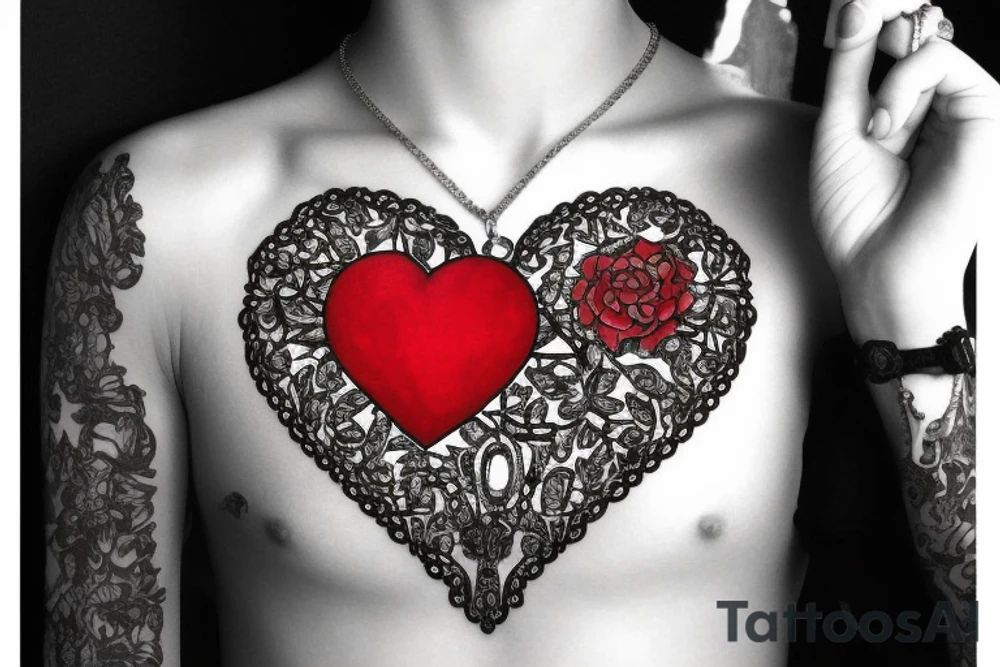Realistic red ornamental jewel is the shape of a heart. With black and grey lace necklace tattoo idea