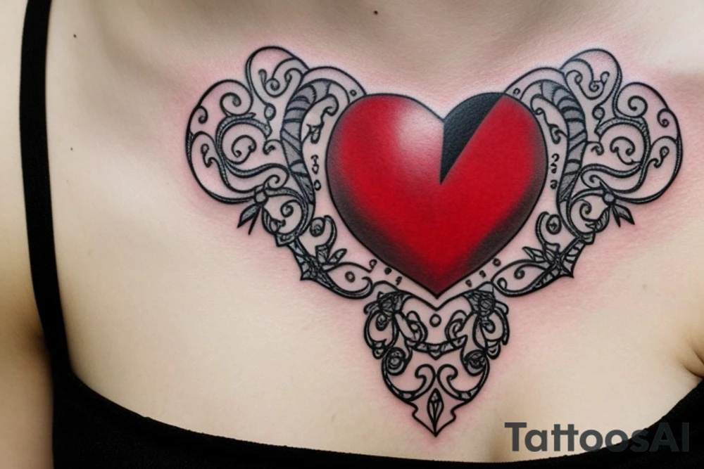 Realistic red ornamental jewel is the shape of a heart. With black and grey lace necklace tattoo idea