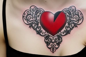 Realistic red ornamental jewel is the shape of a heart. With black and grey lace necklace tattoo idea