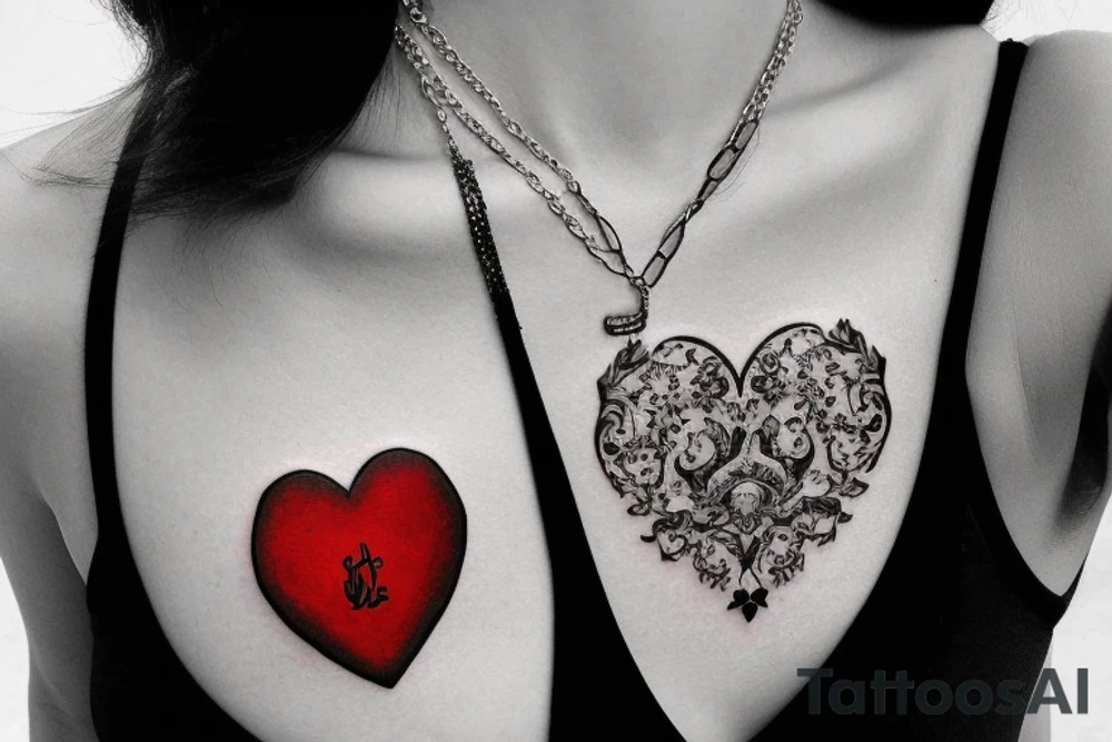 Realistic red ornamental jewel in the shape of a heart. With black and grey lace necklace tattoo idea