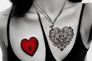 Realistic red ornamental jewel in the shape of a heart. With black and grey lace necklace tattoo idea