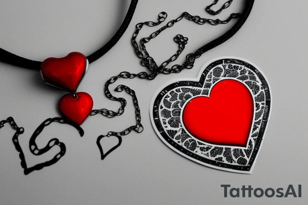 Realistic red ornamental jewel in the shape of a heart. With black and grey lace necklace tattoo idea