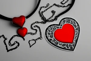 Realistic red ornamental jewel in the shape of a heart. With black and grey lace necklace tattoo idea