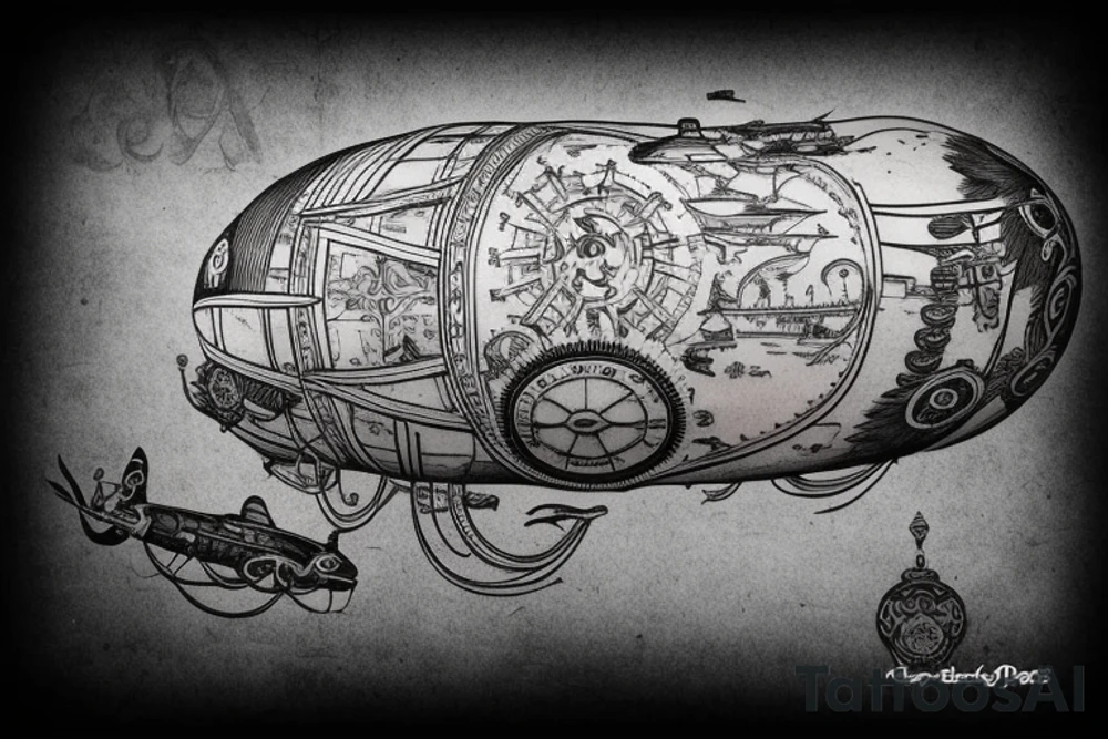 Airship steampunk in traditional style tattoo idea