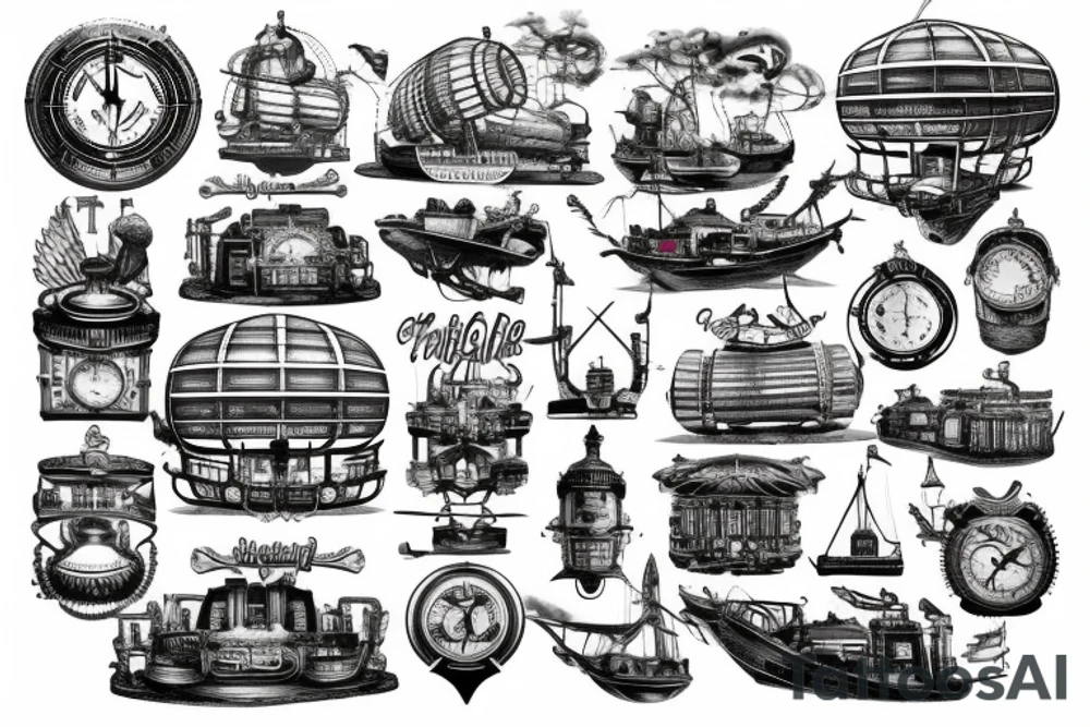 Airship steampunk in traditional style tattoo idea