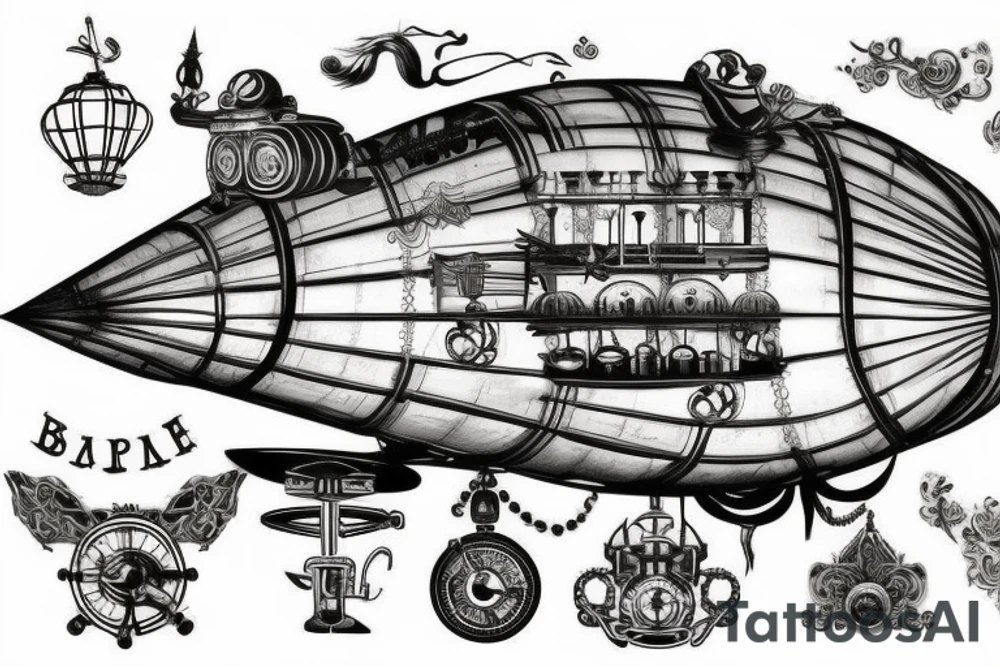 Steampunk airship in traditional style tattoo idea