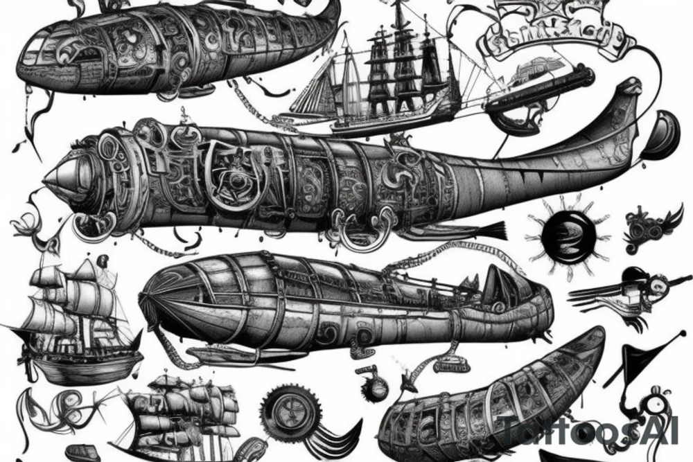 Steampunk airship in traditional style tattoo idea