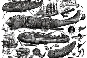 Steampunk airship in traditional style tattoo idea