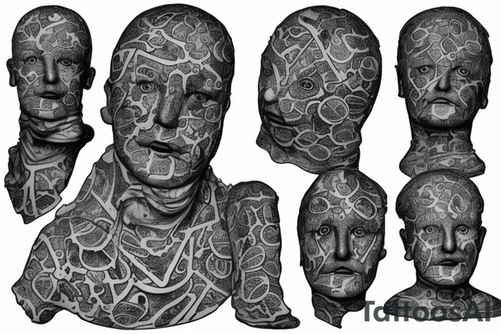 A statue of a bust that has a face covered in hands tattoo idea