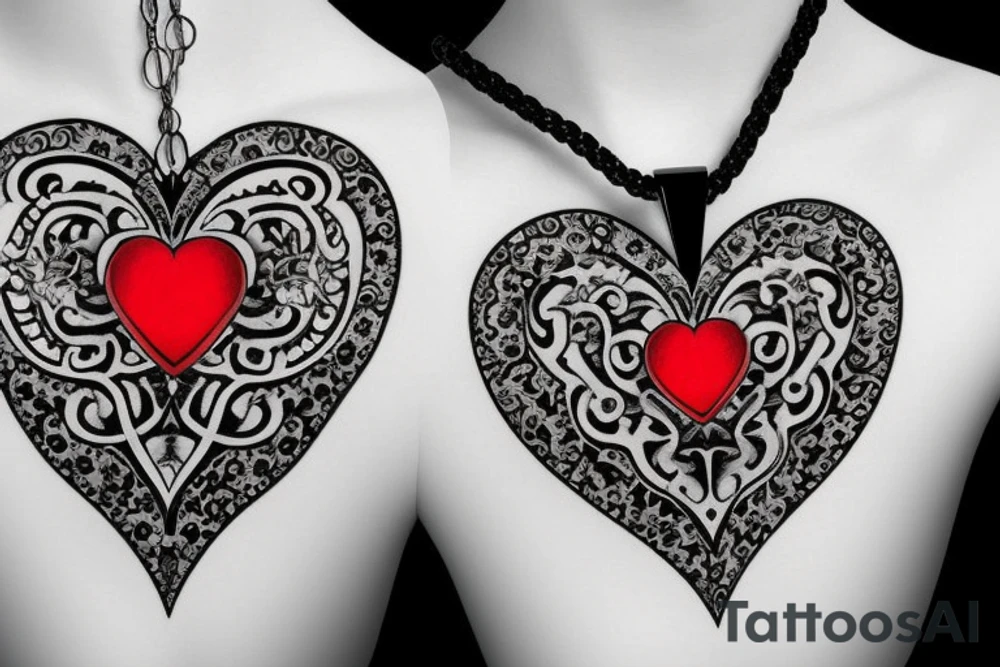 Realistic red ornamental jewel in the shape of a heart. With black and grey lace necklace tattoo idea