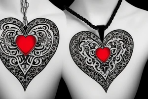 Realistic red ornamental jewel in the shape of a heart. With black and grey lace necklace tattoo idea