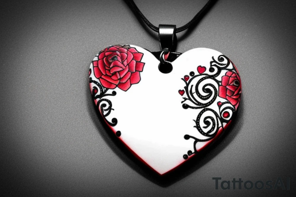 Realistic red ornamental jewel in the shape of a heart. With black and grey lace necklace tattoo idea