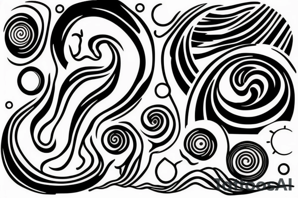 A black hole, behind the sun, behind the moon. Below, there are waves. Some waves are light and some are dark. There is a mix of ripples and larger waves. tattoo idea