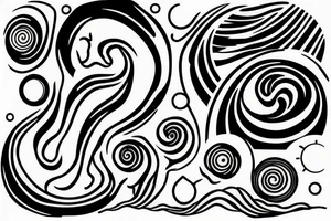 A black hole, behind the sun, behind the moon. Below, there are waves. Some waves are light and some are dark. There is a mix of ripples and larger waves. tattoo idea