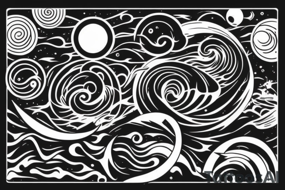 A black hole, behind the sun, behind the moon. Below, there are waves. Some waves are light and some are dark. There is a mix of ripples and larger waves. tattoo idea