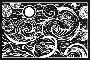 A black hole, behind the sun, behind the moon. Below, there are waves. Some waves are light and some are dark. There is a mix of ripples and larger waves. tattoo idea