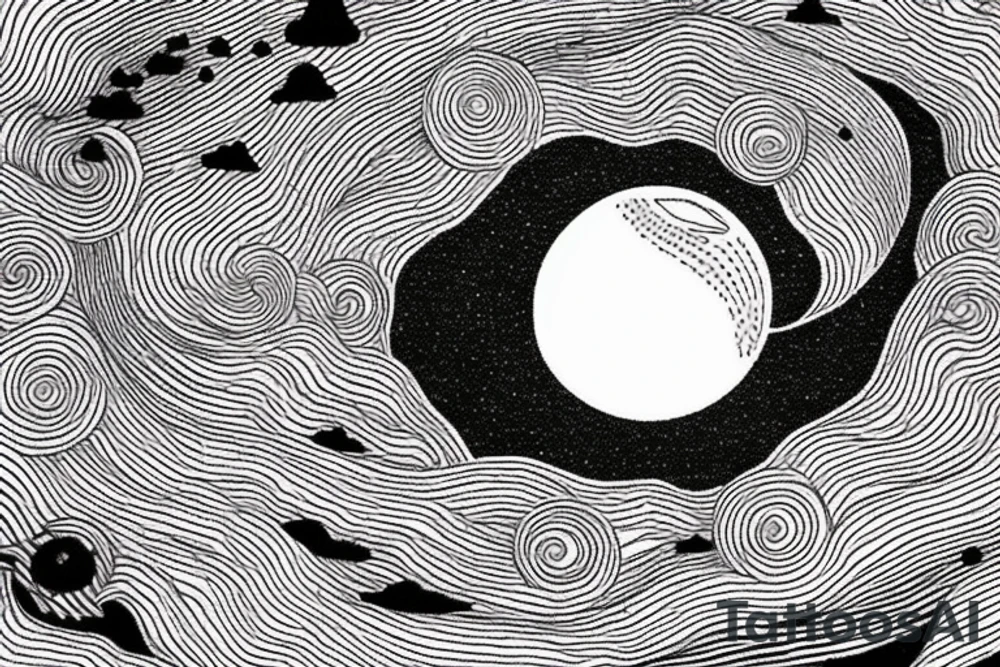 A cosmic and surreal scene. In the sky, there is a black hole, which is behind the sun, which is behind the moon. Below on the earth's surface, you see waves. Some waves are light and some are dark. There is a mix of ripples and larger waves. tattoo idea