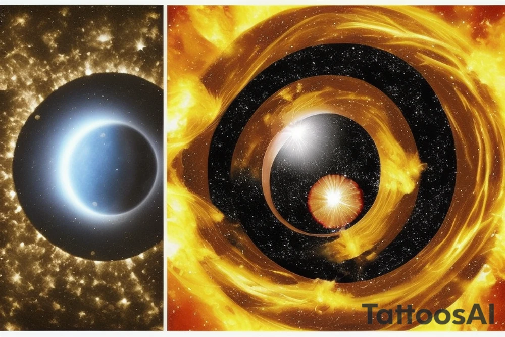 A cosmic and surreal scene. In the sky, there is a black hole, which is behind the sun, which is behind the moon. Below on the earth's surface, you see waves. Some waves are light and some are dark. There is a mix of ripples and larger waves. tattoo idea