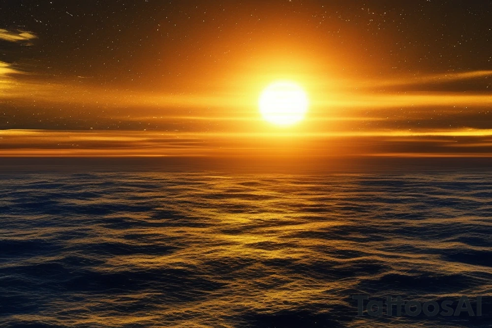 A cosmic and surreal scene. In the sky, there is a black hole, which is behind the sun, which is behind the moon. The black hole, sun, and moon only overlap each other by 30% each. The black hole appears highest in the sky. The Sun is only 60% above the horizon.
Below the horizon, you see waves. Some waves are light and some are dark. There is a mix of ripples and larger waves. tattoo idea