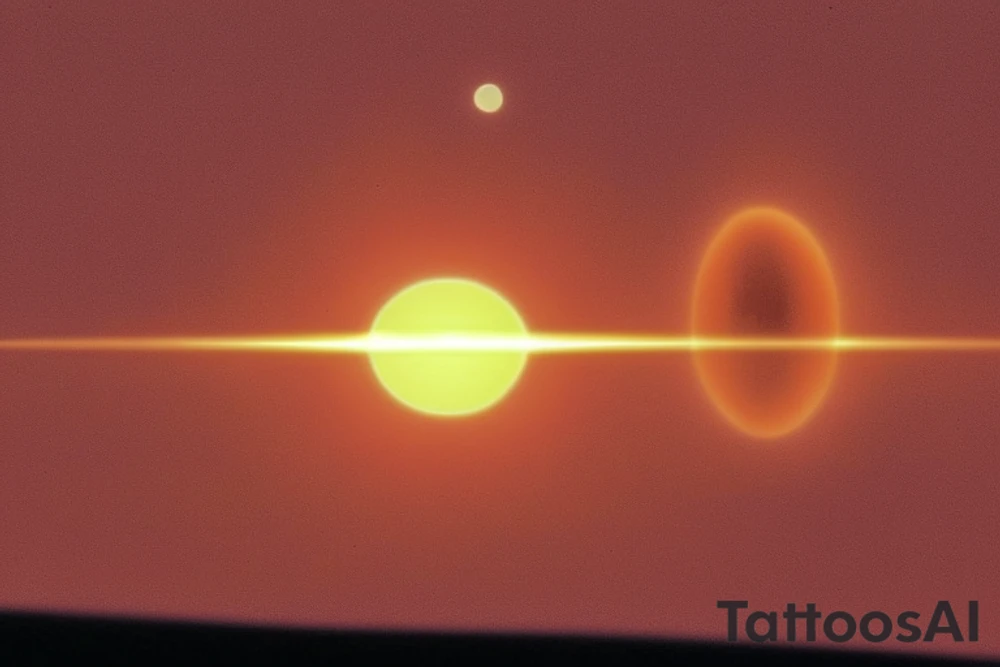 A cosmic and surreal scene. In the sky, there is a black hole, which is behind the sun, which is behind the moon. The black hole, sun, and moon only overlap each other by 30% each. The black hole appears highest in the sky. The Sun is only 60% above the horizon.
Below the horizon, you see waves. Some waves are light and some are dark. There is a mix of ripples and larger waves. tattoo idea