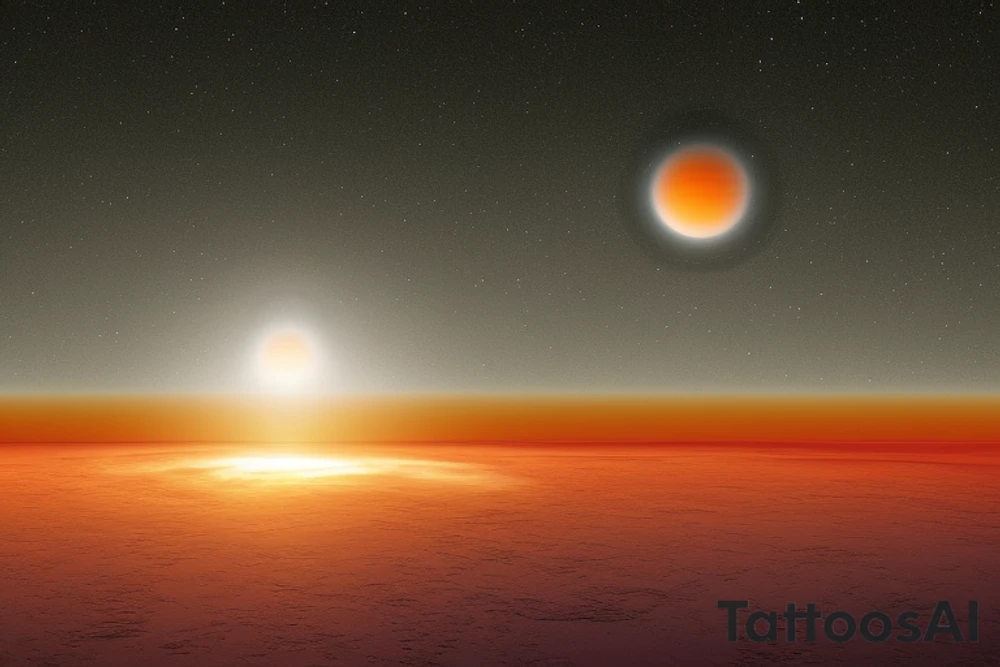 A cosmic and surreal scene. In the sky, there is a black hole, which is behind the sun, which is behind the moon. The black hole, sun, and moon only overlap each other by 30% each. The black hole appears highest in the sky. The Sun is only 60% above the horizon.
Below the horizon, you see waves. Some waves are light and some are dark. There is a mix of ripples and larger waves. tattoo idea