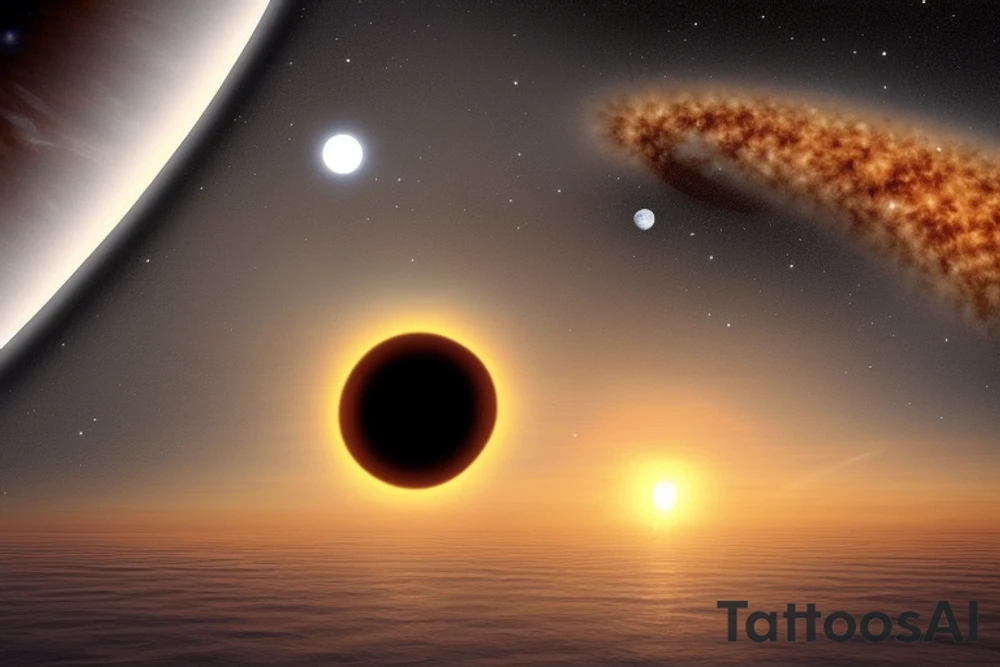 A cosmic and surreal scene. In the sky, there is a black hole, which is behind the sun, which is behind the moon. The black hole, sun, and moon only overlap each other by 30% each. The black hole appears highest in the sky. The Sun is only 60% above the horizon.
Below the horizon, you see waves. Some waves are light and some are dark. There is a mix of ripples and larger waves. tattoo idea