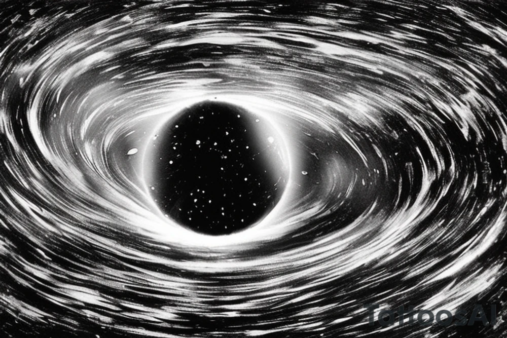 A black and white cosmic and surreal scene. In the sky, there is a black hole, which is behind the sun, which is behind the moon. The black hole appears highest in the sky.
Below the horizon, you see waves. Some waves are light and some are dark. There is a mix of ripples and larger waves. tattoo idea