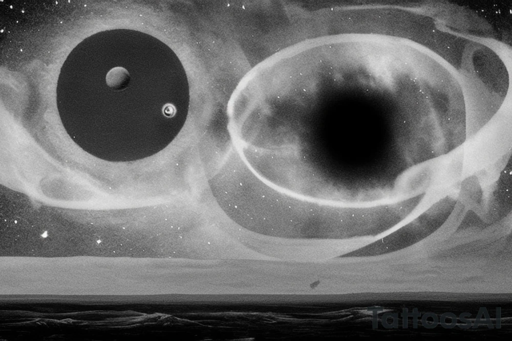 A black and white cosmic and surreal scene. In the sky, there is a black hole, which is behind the sun, which is behind the moon. The black hole appears highest in the sky.
Below the horizon, you see waves. Some waves are light and some are dark. There is a mix of ripples and larger waves. tattoo idea