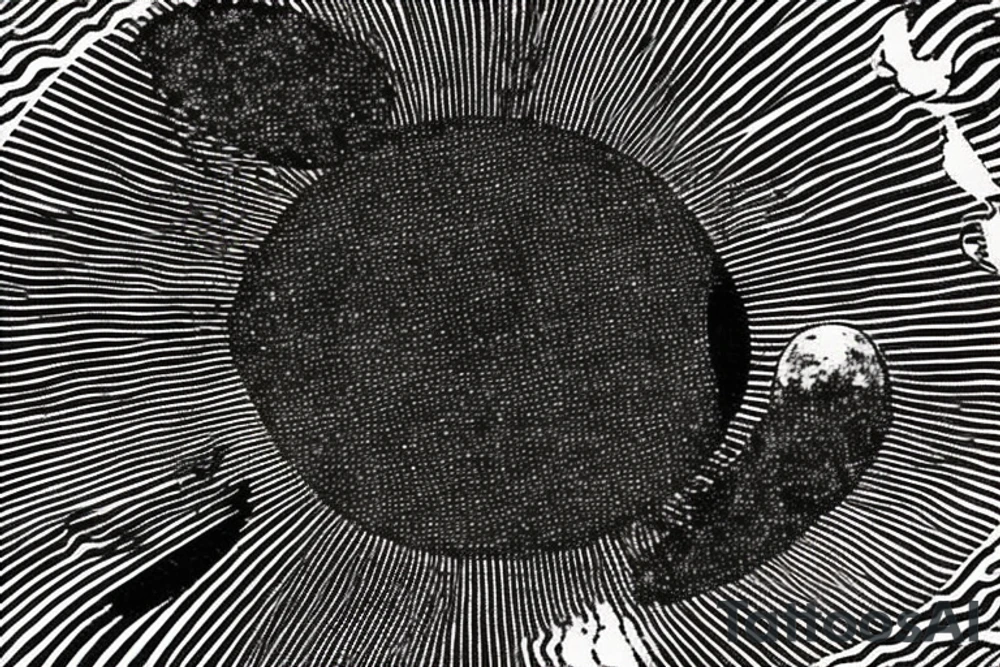 The image is black and white line drawn design. In the top right corner, in the background, taking up 30% of the picture is a black hole. Slightly overlapping the black hole is the sun. In the foreground of the sun and black hole is the moon. The moon is half the size of the sun. The bottom 35% of the image are waves. Some waves are light. Some waves are dark. There is a mix of ripples and larger waves. tattoo idea