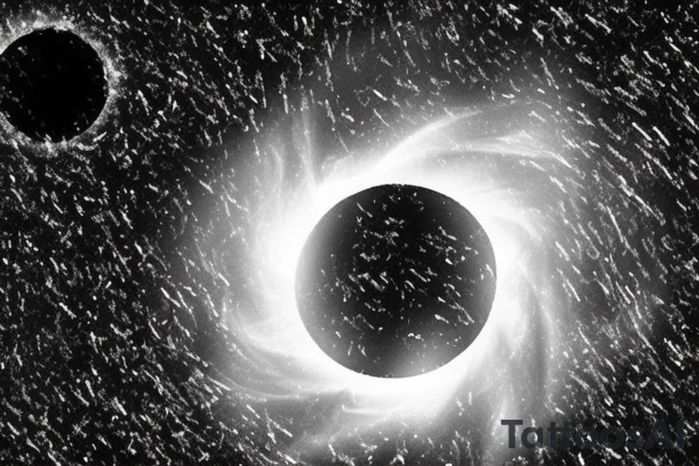 The image is black and white line drawn design. In the top right corner, in the background, taking up 30% of the picture is a black hole. Slightly overlapping the black hole is the sun. In the foreground of the sun and black hole is the moon. The moon is half the size of the sun. The bottom 35% of the image are waves. Some waves are light. Some waves are dark. There is a mix of ripples and larger waves. tattoo idea