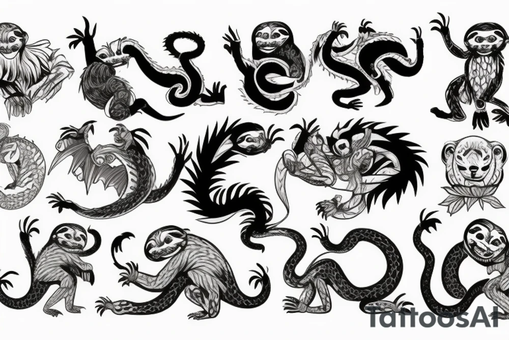 A Sloth, Pumpkin, and a Monkey fighting a Dragon, Snake, Crane, Leopard, and Tiger. tattoo idea