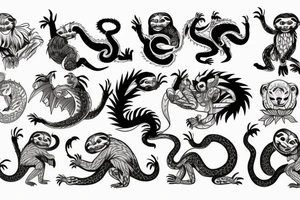 A Sloth, Pumpkin, and a Monkey fighting a Dragon, Snake, Crane, Leopard, and Tiger. tattoo idea