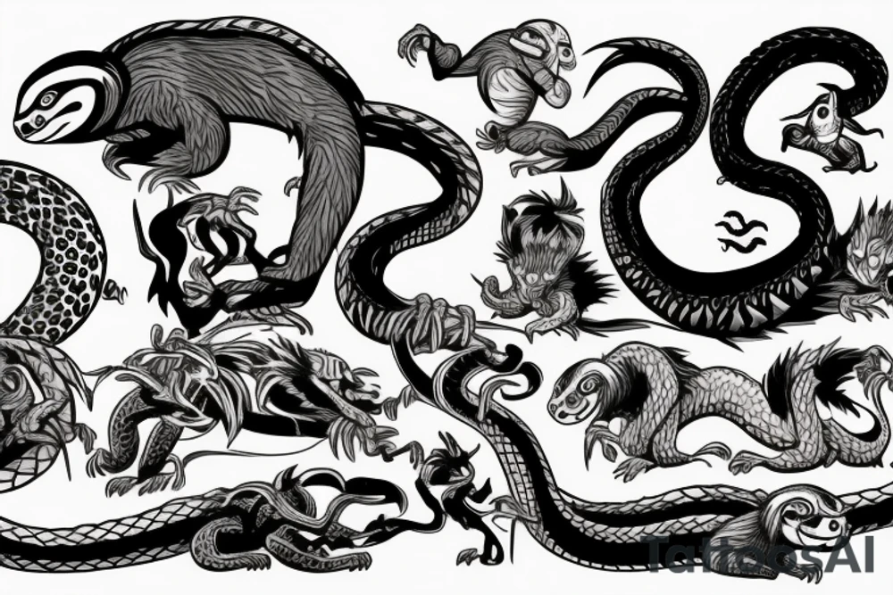 A Sloth, Pumpkin, and a Monkey fighting a Dragon, Snake, Crane, Leopard, and Tiger. tattoo idea