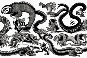 A Sloth, Pumpkin, and a Monkey fighting a Dragon, Snake, Crane, Leopard, and Tiger. tattoo idea