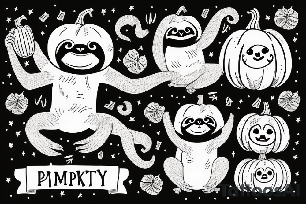 A Sloth, Pumpkin, and Monkey having a party. tattoo idea