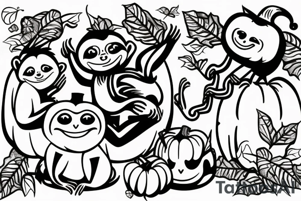 A Sloth, Pumpkin, and Monkey having a party. tattoo idea
