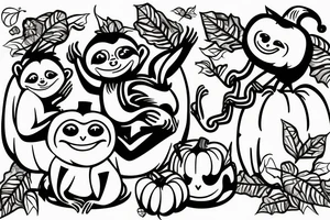 A Sloth, Pumpkin, and Monkey having a party. tattoo idea