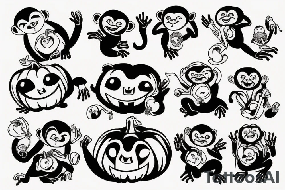 a pumpkin, sloth, and monkey holding hands tattoo idea
