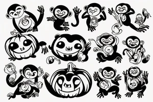 a pumpkin, sloth, and monkey holding hands tattoo idea
