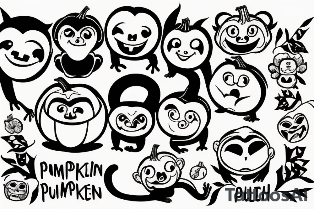 a pumpkin, sloth, and monkey holding hands tattoo idea