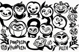 a pumpkin, sloth, and monkey holding hands tattoo idea