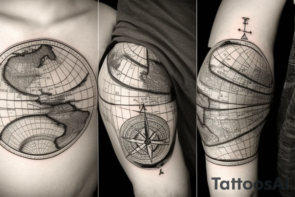 Compass surrounded by antique americas map, including number 4400 and locating buenos aires miami and los angeles tattoo idea